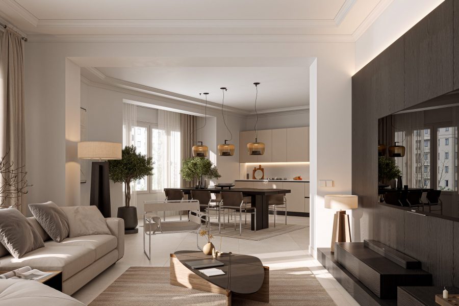 040_REAL RENDERING EUROPE_SOLVIA DIAGONAL_02_COMEDOR_SALON_COCINA